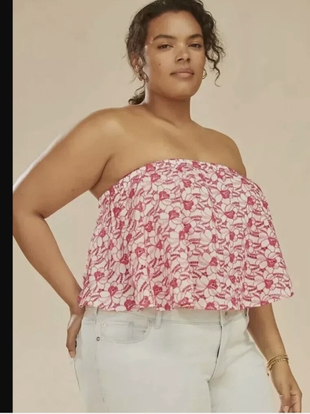 NWT Anthropologie Embroidered Strapless Bandeau Top. White/Pink. 2XL